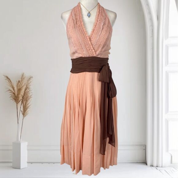 Bcbgmaxazria Fairy Grunge Pink Brown Fairy Lace Silk Midi Halter Dress XS / 2 - Picture 1 of 8